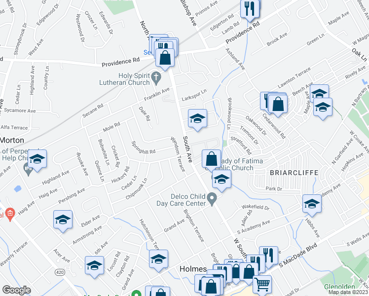 map of restaurants, bars, coffee shops, grocery stores, and more near 807 South Avenue in Clifton Heights