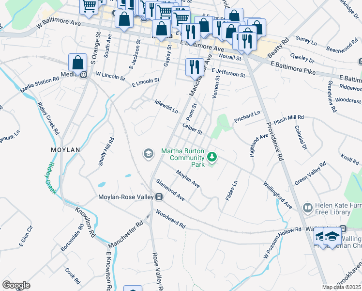 map of restaurants, bars, coffee shops, grocery stores, and more near 710 Washington Avenue in Media