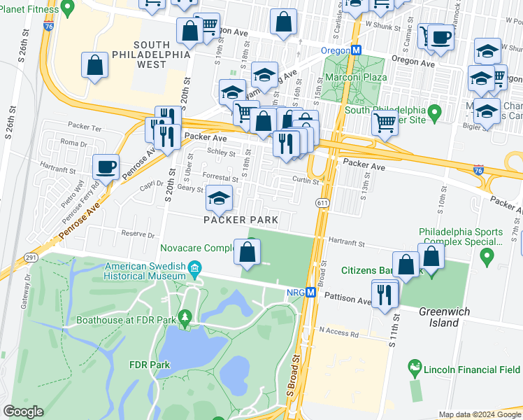 map of restaurants, bars, coffee shops, grocery stores, and more near 3217 South 17th Street in Philadelphia