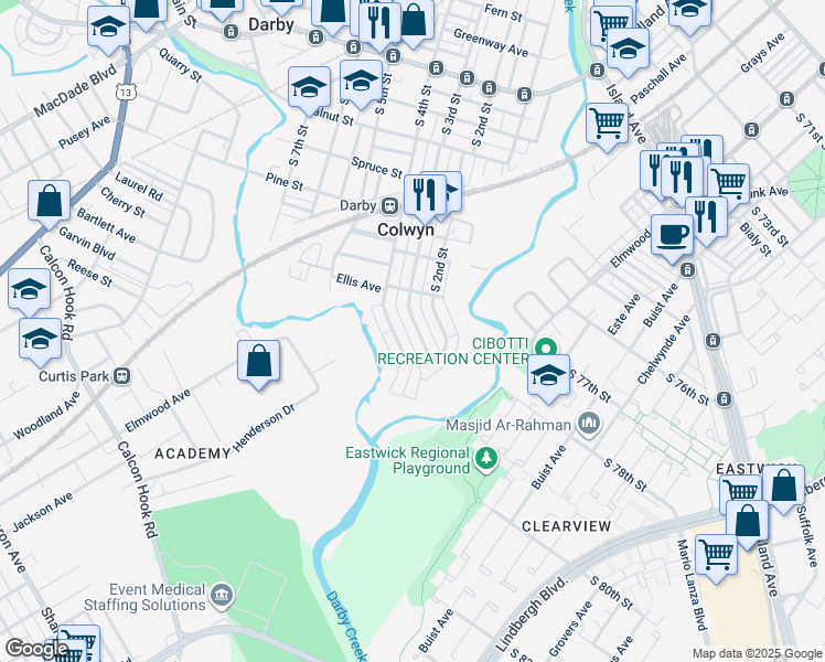 map of restaurants, bars, coffee shops, grocery stores, and more near 552 South 3rd Street in Darby