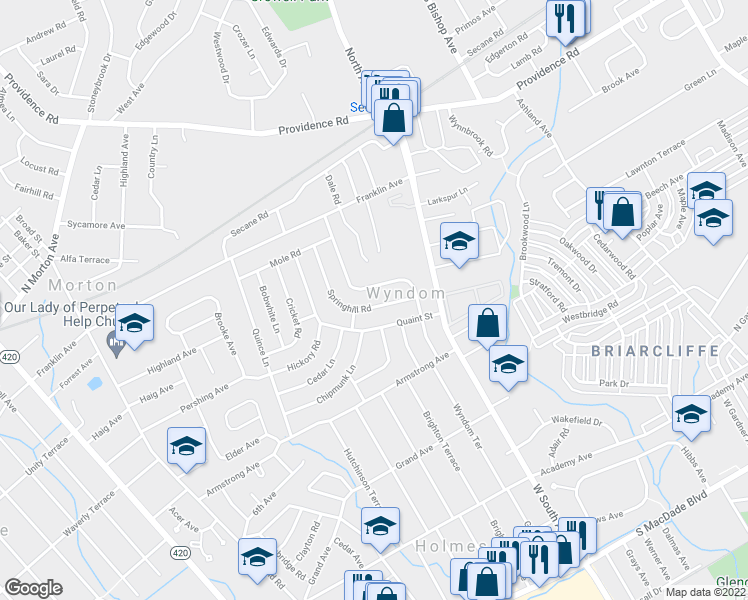 map of restaurants, bars, coffee shops, grocery stores, and more near 2719 Springhill Road in Delaware County