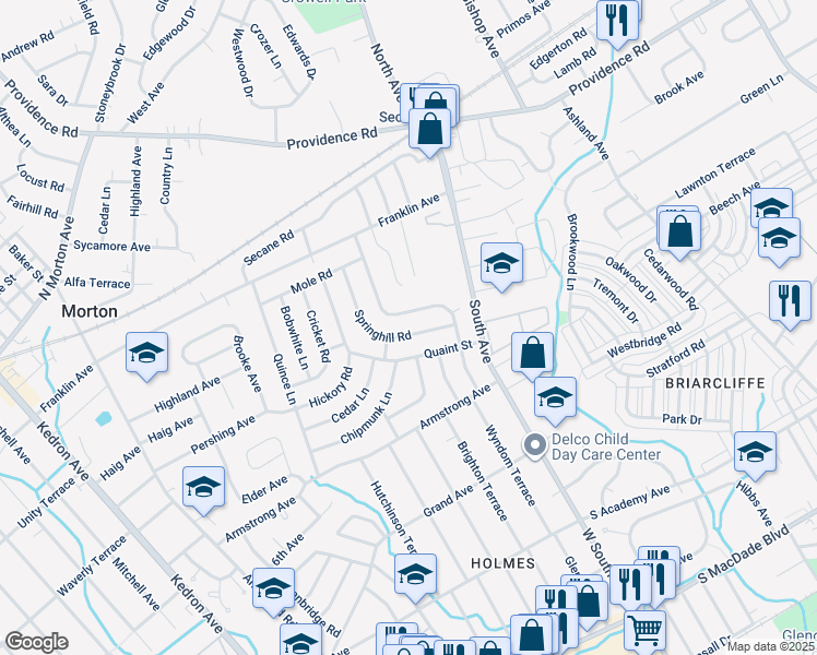 map of restaurants, bars, coffee shops, grocery stores, and more near 2719 Springhill Road in Delaware County