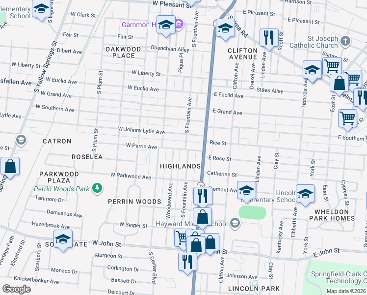 map of restaurants, bars, coffee shops, grocery stores, and more near 1358 Woodward Avenue in Springfield