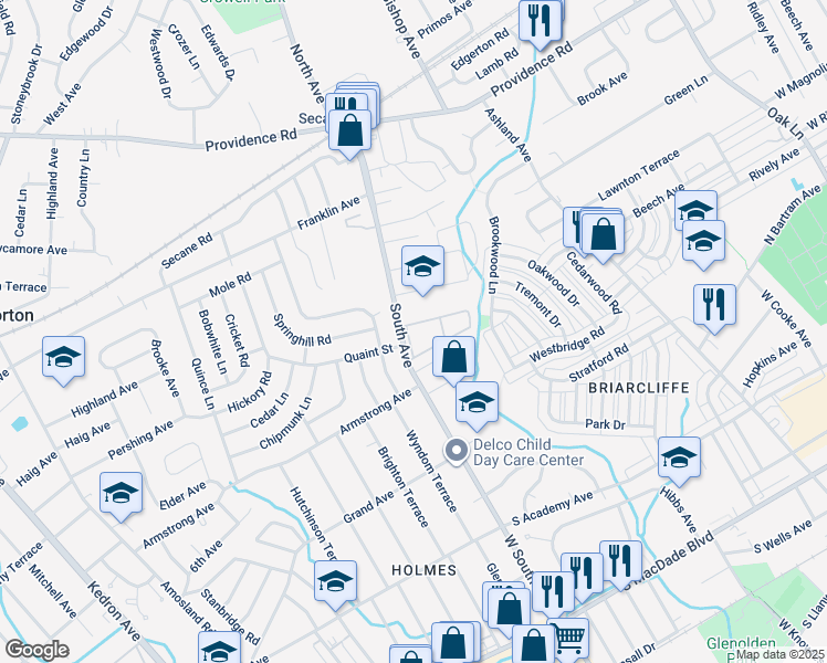 map of restaurants, bars, coffee shops, grocery stores, and more near 800 South Avenue in Delaware County