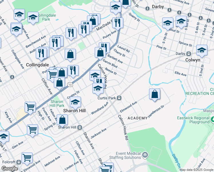 map of restaurants, bars, coffee shops, grocery stores, and more near 742 Poplar Street in Sharon Hill