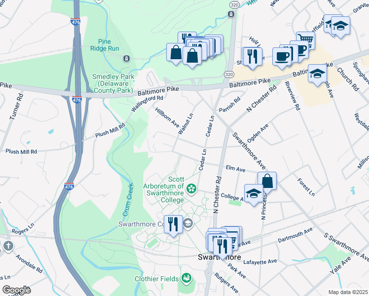 map of restaurants, bars, coffee shops, grocery stores, and more near 521 Elm Avenue in Swarthmore