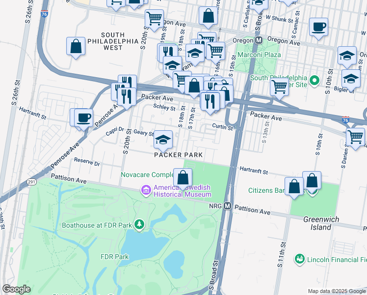 map of restaurants, bars, coffee shops, grocery stores, and more near 3216 South 17th Street in Philadelphia