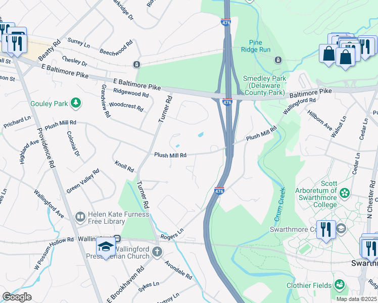 map of restaurants, bars, coffee shops, grocery stores, and more near 335 Plush Mill Road in Delaware County