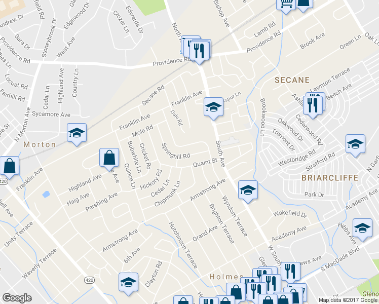 map of restaurants, bars, coffee shops, grocery stores, and more near 2723 Springhill Road in Secane