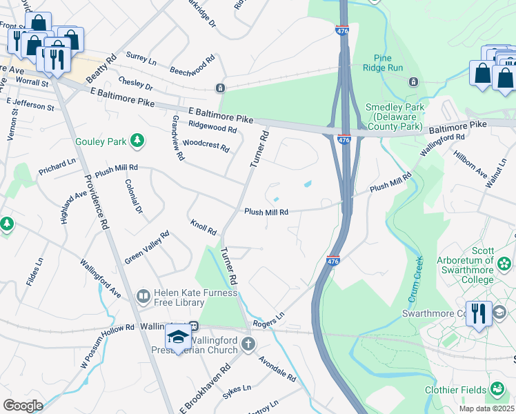 map of restaurants, bars, coffee shops, grocery stores, and more near 305 Plush Mill Road in Nether Providence Township