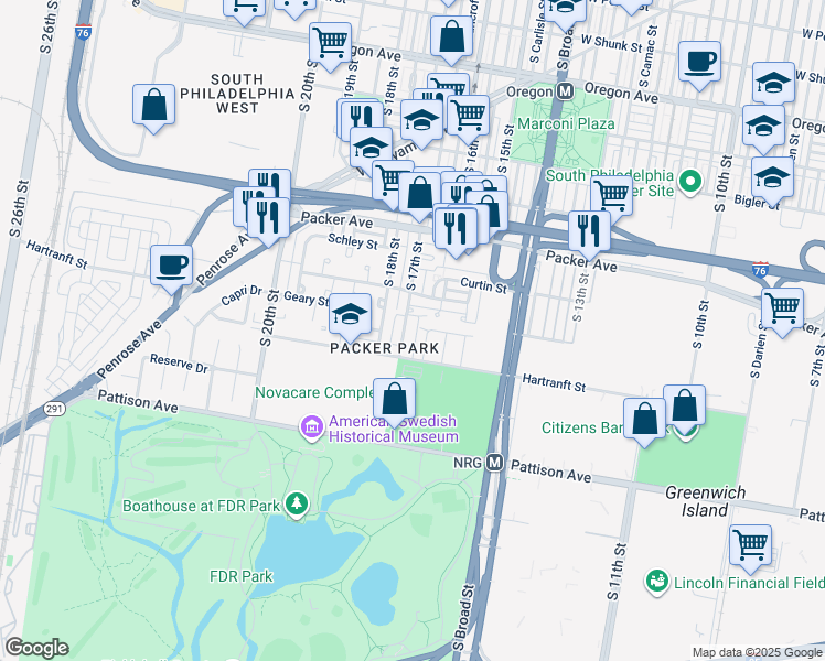 map of restaurants, bars, coffee shops, grocery stores, and more near 3217 South 17th Street in Philadelphia