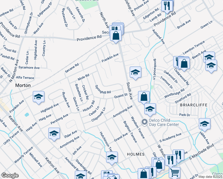 map of restaurants, bars, coffee shops, grocery stores, and more near 2723 Springhill Road in Secane