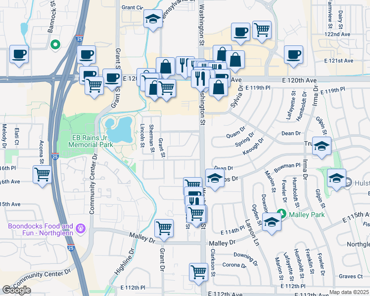 map of restaurants, bars, coffee shops, grocery stores, and more near 11701 Washington Street in Northglenn