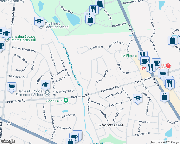 map of restaurants, bars, coffee shops, grocery stores, and more near 322 Brandywine Drive in Evesham
