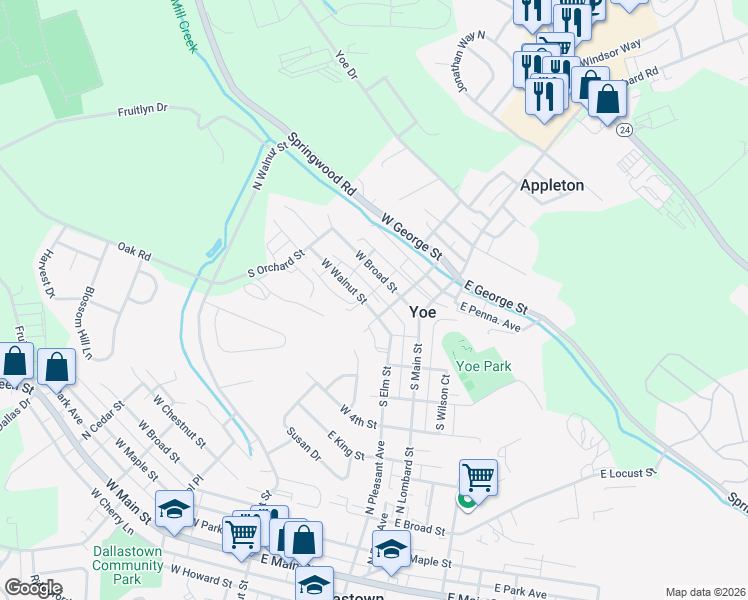 map of restaurants, bars, coffee shops, grocery stores, and more near 86 West Walnut Street in Yoe