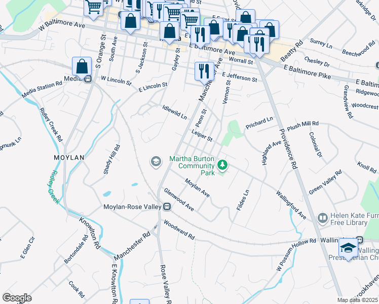 map of restaurants, bars, coffee shops, grocery stores, and more near 710 Washington Avenue in Media