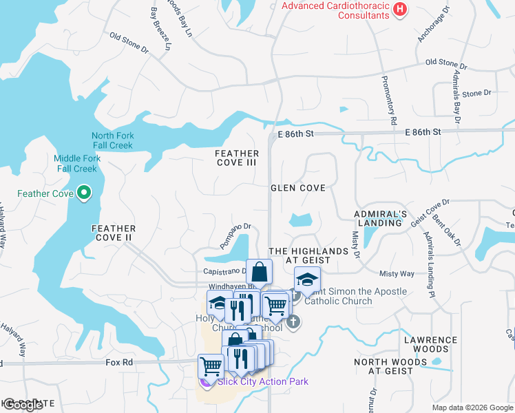 map of restaurants, bars, coffee shops, grocery stores, and more near 8374 Brittany Court North in Indianapolis