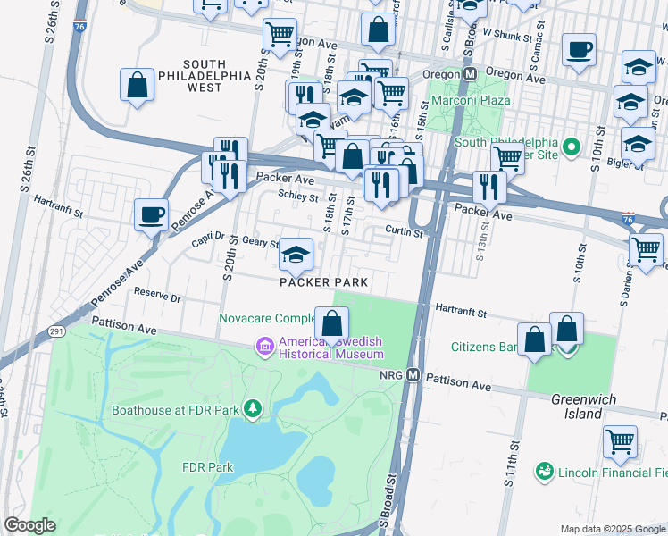map of restaurants, bars, coffee shops, grocery stores, and more near 3216 South 17th Street in Philadelphia