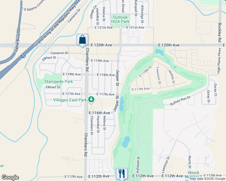 map of restaurants, bars, coffee shops, grocery stores, and more near 15663 East 117th Avenue in Commerce City