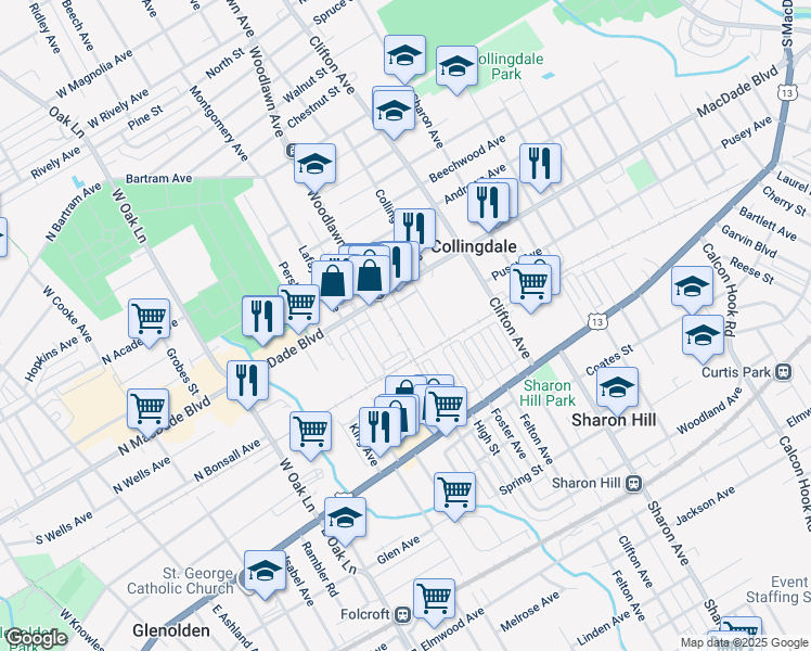 map of restaurants, bars, coffee shops, grocery stores, and more near 138 Wayne Avenue in Collingdale