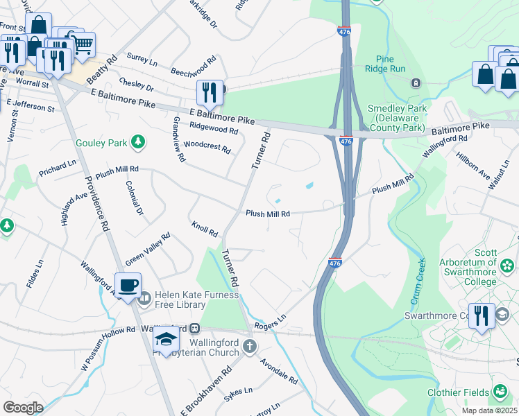 map of restaurants, bars, coffee shops, grocery stores, and more near 305 Plush Mill Road in Nether Providence Township