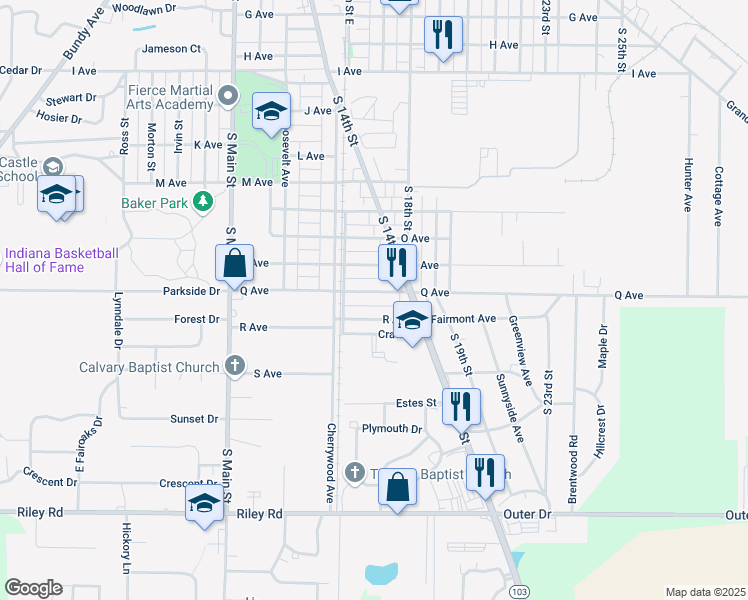map of restaurants, bars, coffee shops, grocery stores, and more near 1630 R Avenue in New Castle