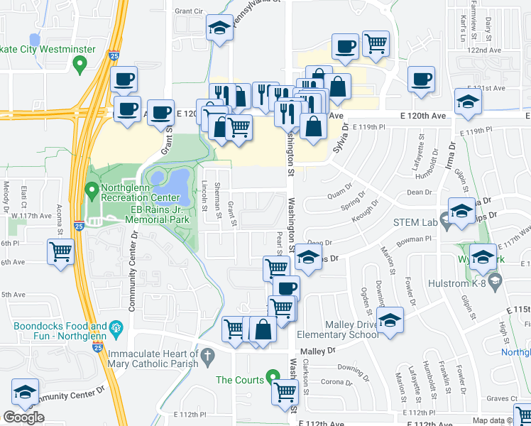 map of restaurants, bars, coffee shops, grocery stores, and more near 11701 Washington Street in Northglenn