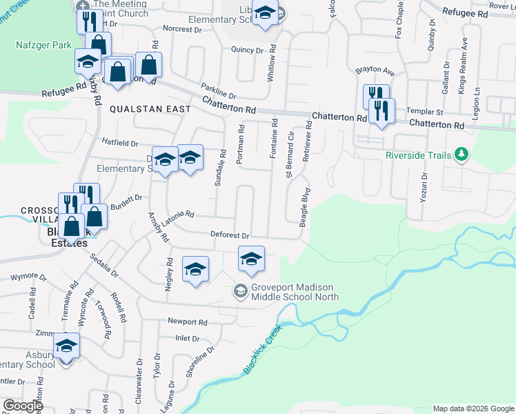 map of restaurants, bars, coffee shops, grocery stores, and more near 3347 Everson Road West in Blacklick Estates