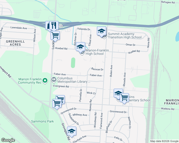 map of restaurants, bars, coffee shops, grocery stores, and more near 1360 Faber Avenue in Columbus