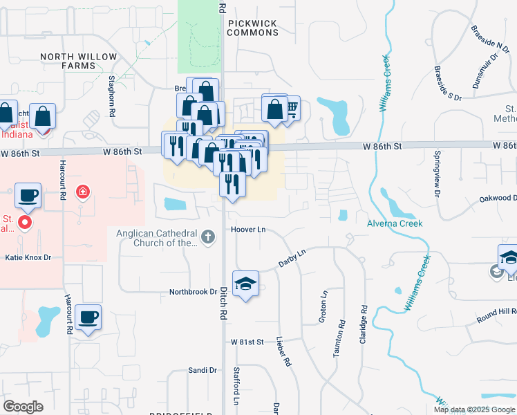 map of restaurants, bars, coffee shops, grocery stores, and more near 1310 Viburnum Drive in Indianapolis