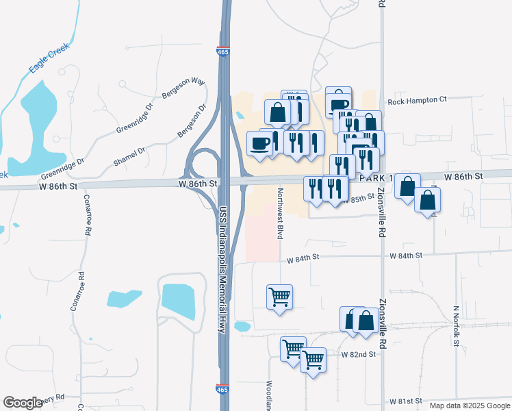 map of restaurants, bars, coffee shops, grocery stores, and more near 8520 Northwest Boulevard in Indianapolis