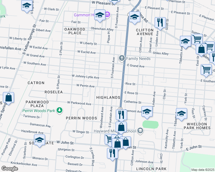 map of restaurants, bars, coffee shops, grocery stores, and more near 20 West Perrin Avenue in Springfield