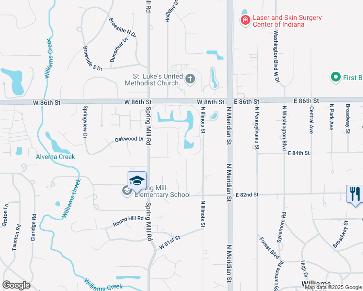 map of restaurants, bars, coffee shops, grocery stores, and more near 160 Olde Mill Circle South Drive in Indianapolis
