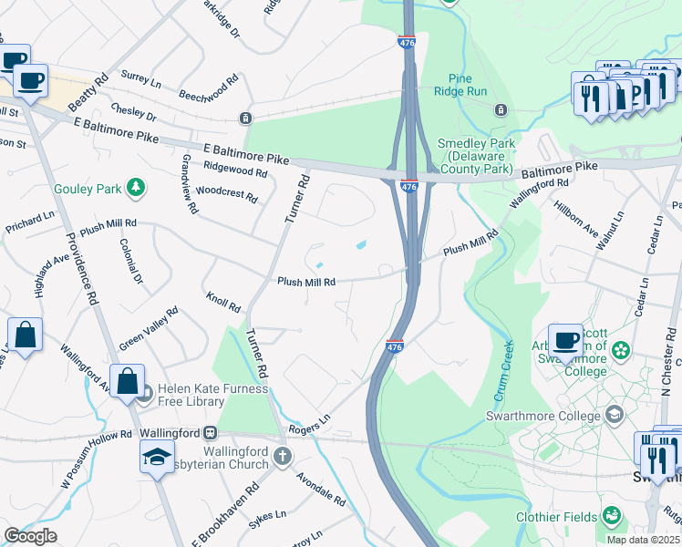 map of restaurants, bars, coffee shops, grocery stores, and more near 335 Plush Mill Road in Nether Providence Township