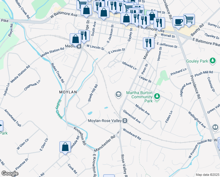 map of restaurants, bars, coffee shops, grocery stores, and more near 43 Letitia Lane in Media