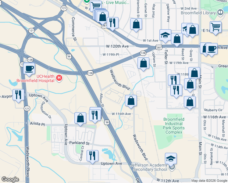 map of restaurants, bars, coffee shops, grocery stores, and more near 11775 Wadsworth Boulevard in Broomfield
