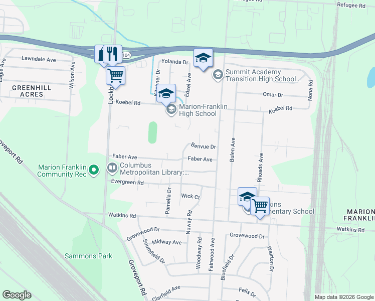 map of restaurants, bars, coffee shops, grocery stores, and more near 1360 Faber Avenue in Columbus