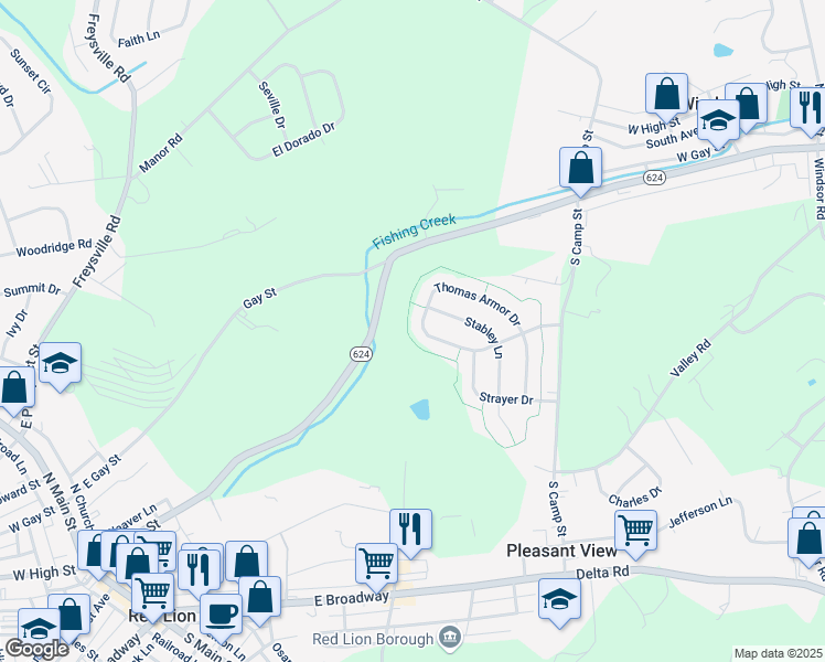map of restaurants, bars, coffee shops, grocery stores, and more near 395 Thomas Armor Drive in Windsor