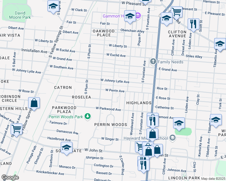 map of restaurants, bars, coffee shops, grocery stores, and more near 1352 South Wittenberg Avenue in Springfield