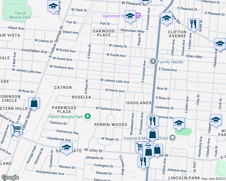 map of restaurants, bars, coffee shops, grocery stores, and more near 1352 South Wittenberg Avenue in Springfield
