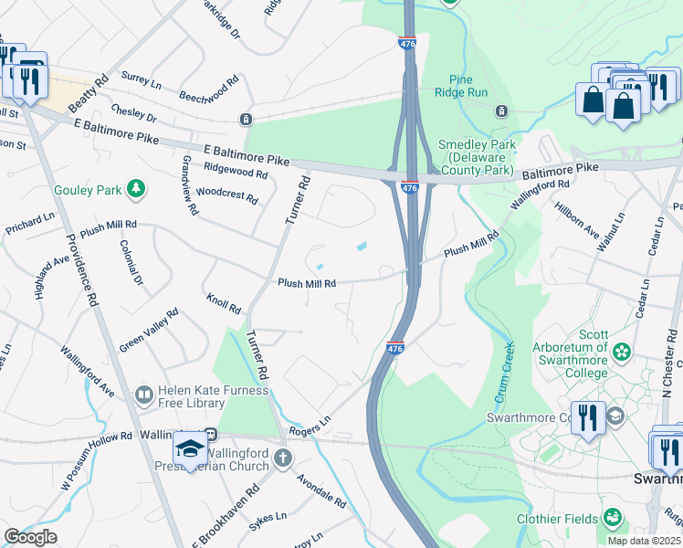 map of restaurants, bars, coffee shops, grocery stores, and more near 335 Plush Mill Road in Delaware County