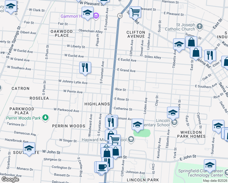map of restaurants, bars, coffee shops, grocery stores, and more near 118 East Rose Street in Springfield
