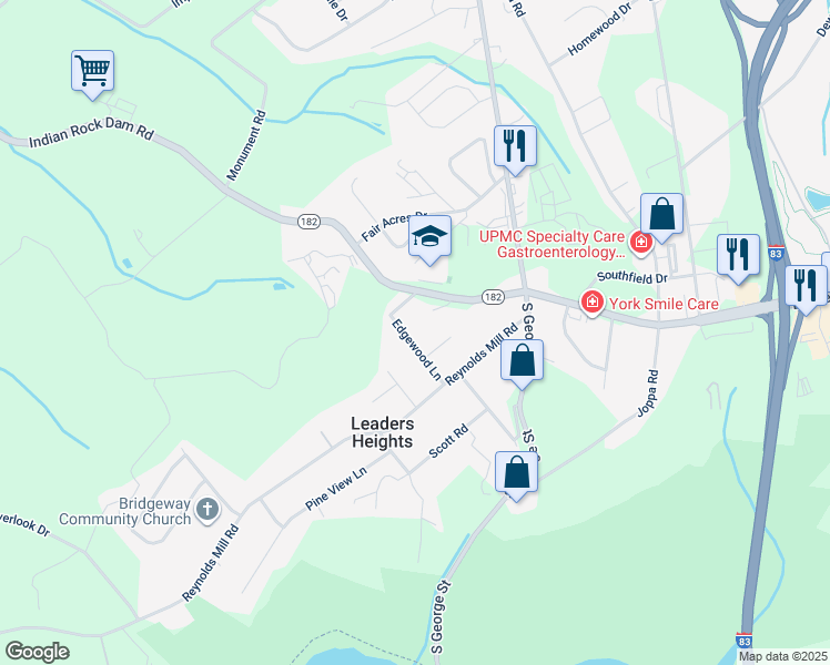 map of restaurants, bars, coffee shops, grocery stores, and more near 2531 Edgewood Lane in York