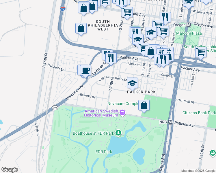 map of restaurants, bars, coffee shops, grocery stores, and more near 3402 South 20th Street in Philadelphia