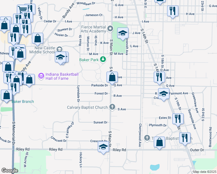 map of restaurants, bars, coffee shops, grocery stores, and more near 2421 South Main Street in New Castle