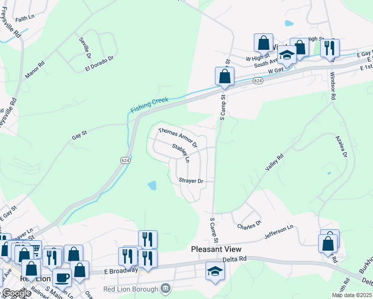 map of restaurants, bars, coffee shops, grocery stores, and more near 325 Stabley Lane in Windsor