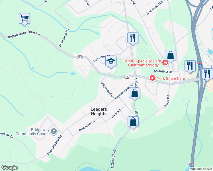 map of restaurants, bars, coffee shops, grocery stores, and more near 2531 Edgewood Lane in York