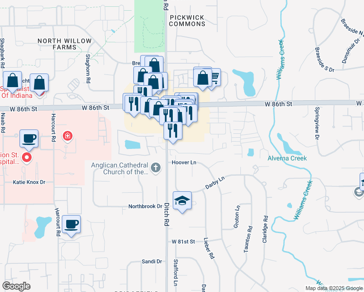 map of restaurants, bars, coffee shops, grocery stores, and more near 1310 Viburnum Drive in Indianapolis