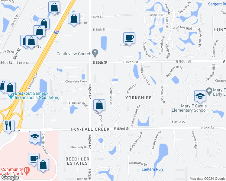 map of restaurants, bars, coffee shops, grocery stores, and more near 8409 Christiana Lane in Indianapolis