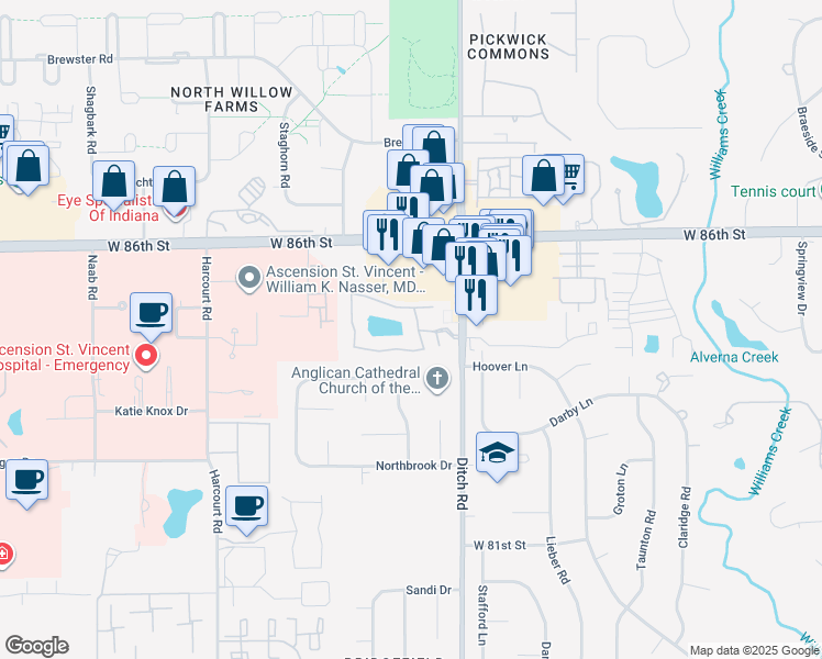 map of restaurants, bars, coffee shops, grocery stores, and more near 8411 Rothbury Drive in Indianapolis